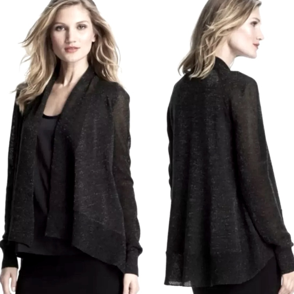 Eileen Fisher Merino Wool Cardigan Metallic Glitter Sparkle Black Knit Size S